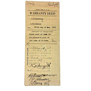 1927 Florida Warranty Deed Document L.B. Brantley To T.F. Johnson u Ephemera